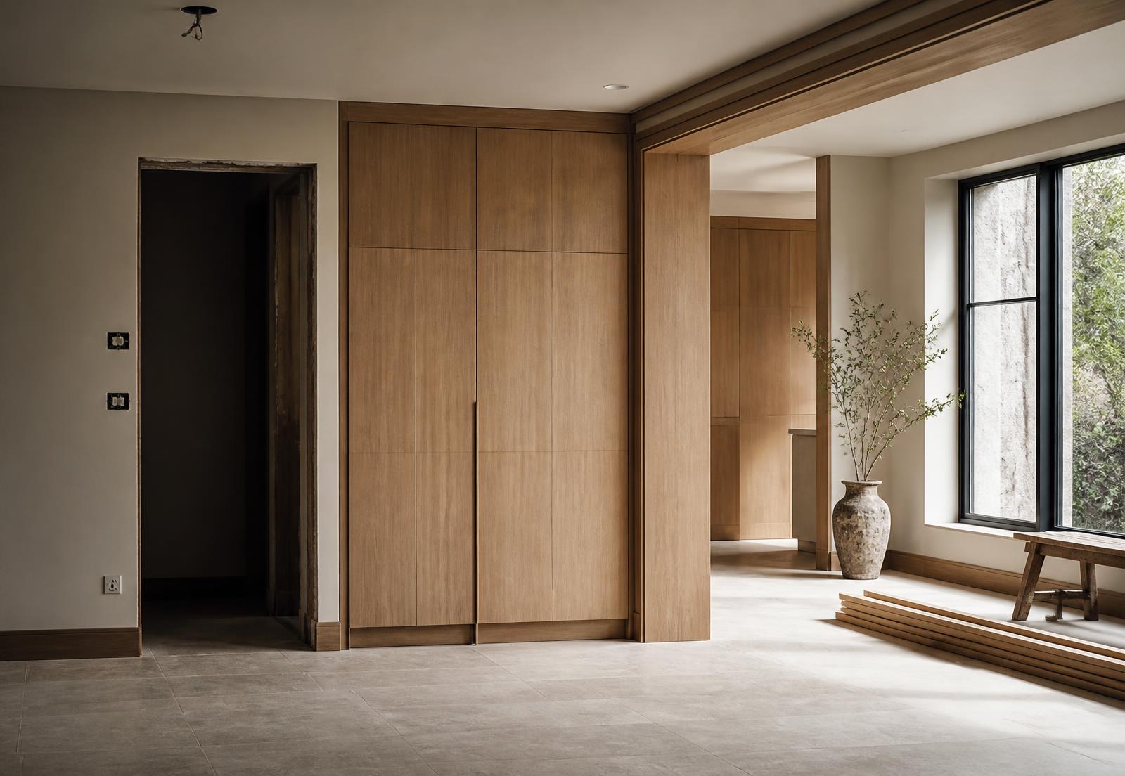 Warm minimal interior renovation with oak millwork and limestone flooring